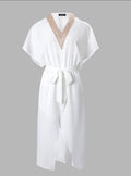 Damen elegantes Kimono-Style Strandkleid mit Gürtel und V-Ausschnitt R&B