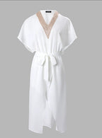 Damen elegantes Kimono-Style Strandkleid mit Gürtel und V-Ausschnitt R&B