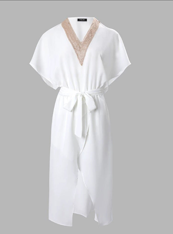 Damen elegantes Kimono-Style Strandkleid mit Gürtel und V-Ausschnitt R&B