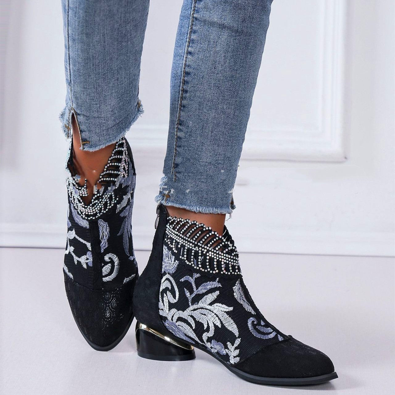 Damen Stiefeletten mit floralem Muster und glanzvollem Blockabsatz R&B