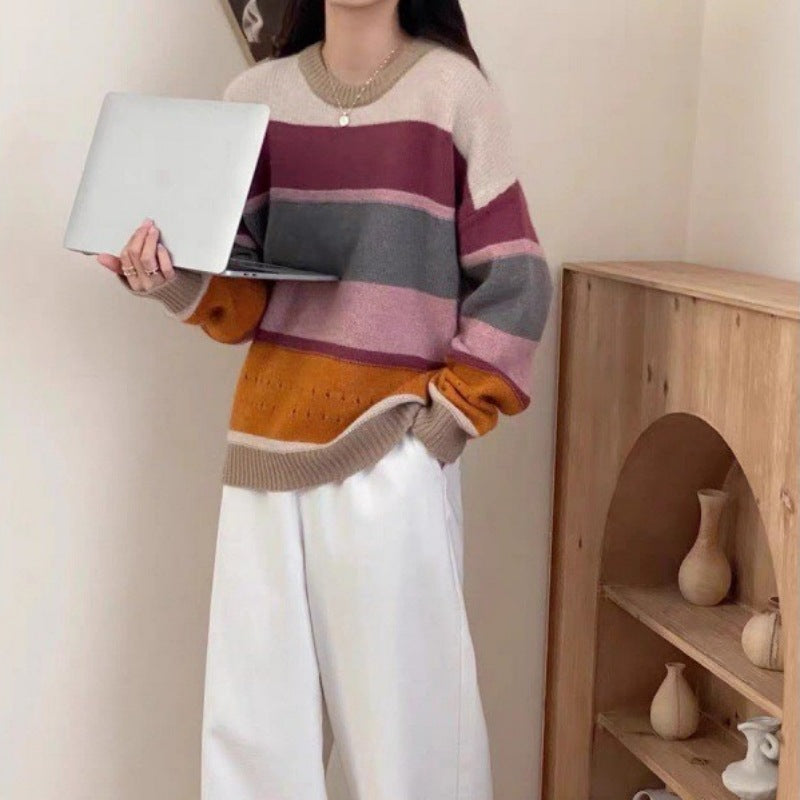 Damen Grob gestrickter Pullover mit lässigen Streifen R&B