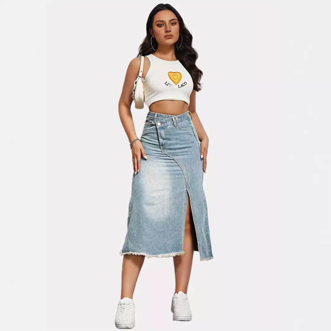 Damen Jeansrock mit asymmetrischem Schnitt und hohen Seitenschlitzen R&B