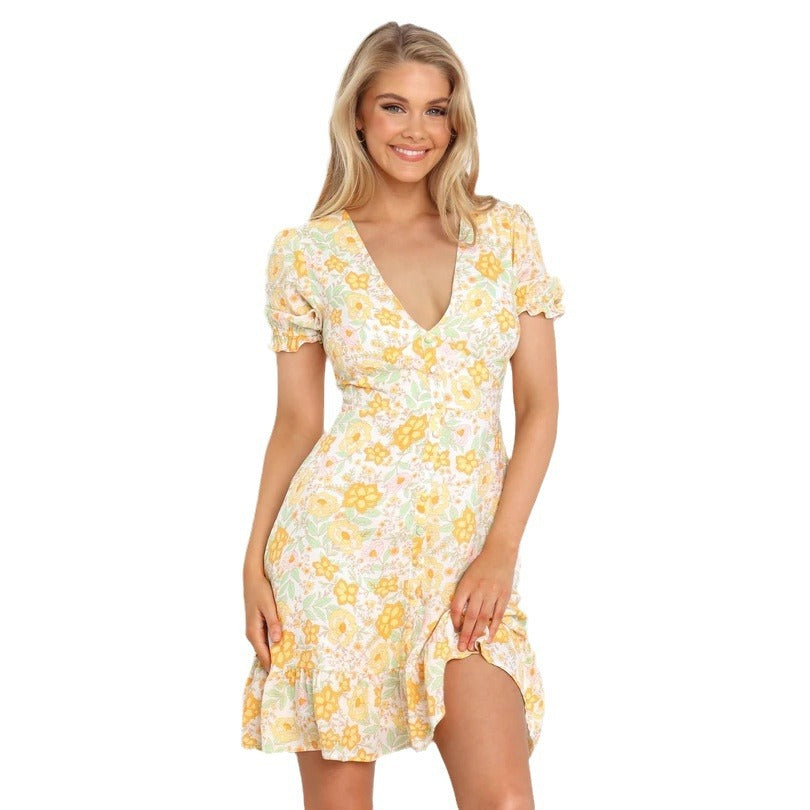 Damen Minikleid im romantischen Garden-Style mit voluminösen Ärmeln und verspieltem Saum R&B