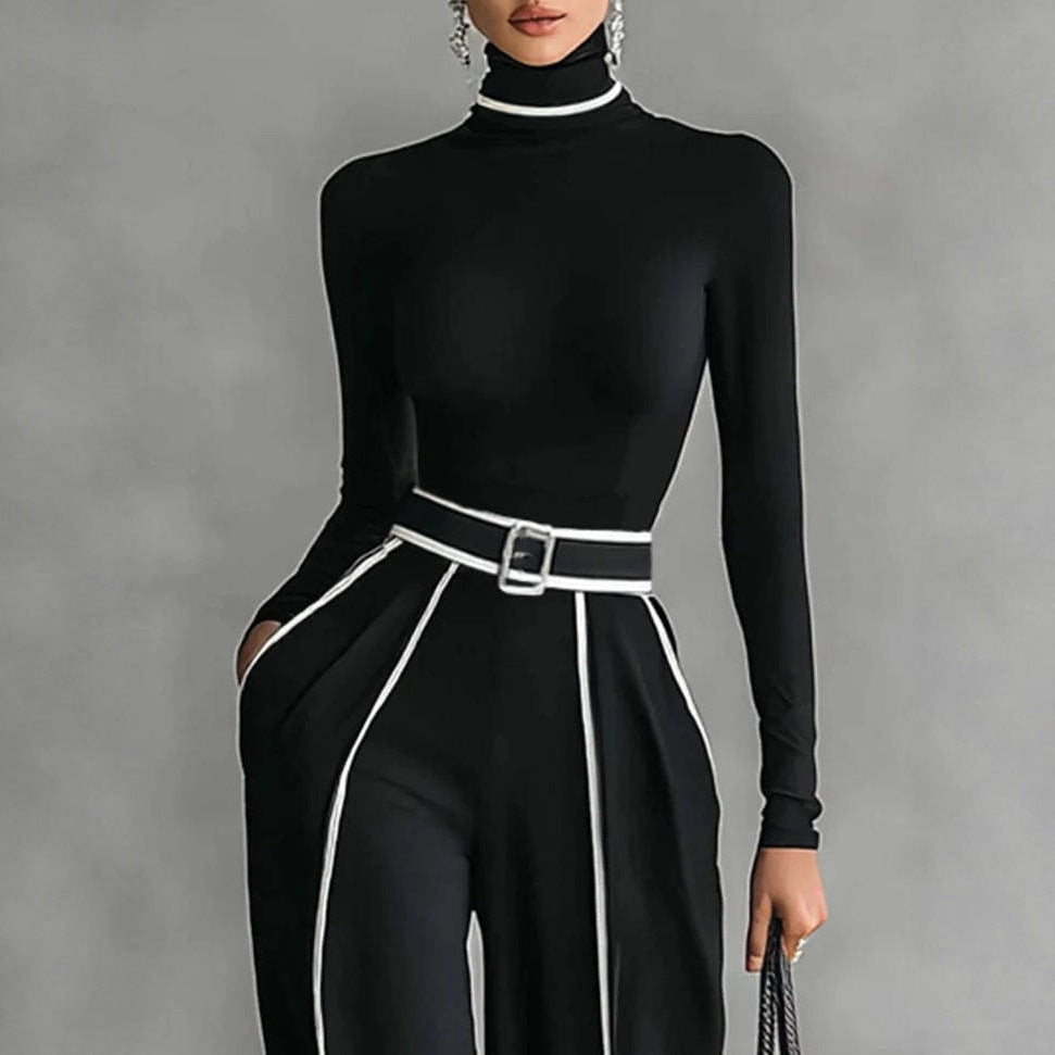 Damen nan elegantes Strickset mit tailliertem Rollkragenoberteil und weiter Plisseehose mit Taillengürtel R&B