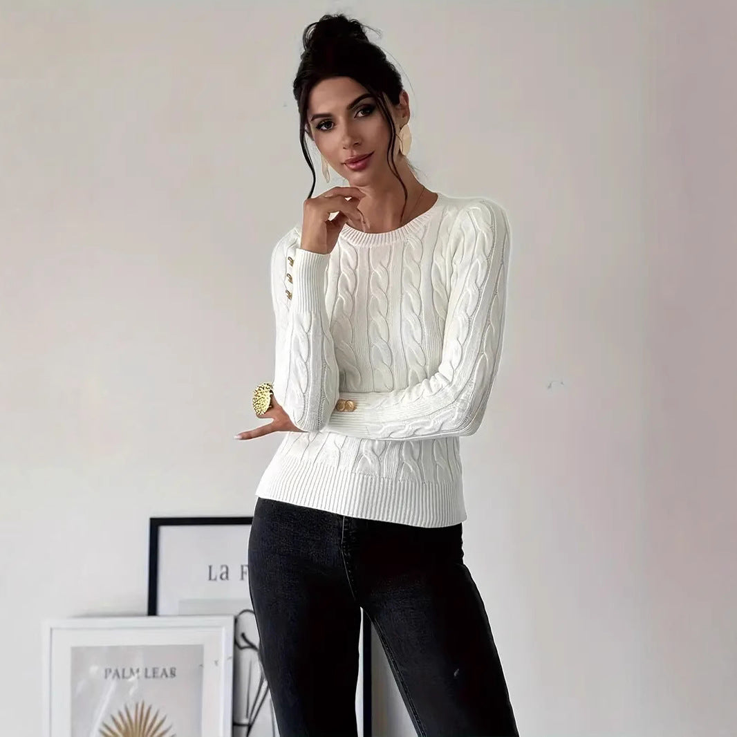 Damen Strickpullover mit Zopfmuster und Knopfdetails R&B