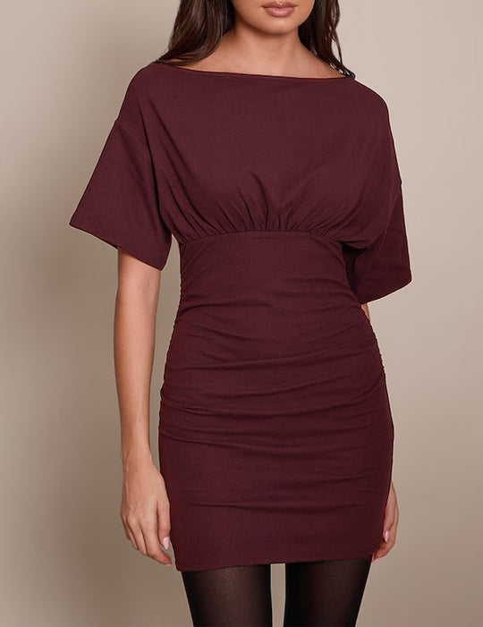Damen figurbetontes Wickelkleid mit Raffungen und weiten Ärmeln R&B