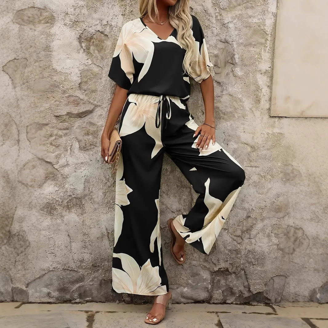 Damen luftiger Hosenanzug mit floralem Print und elastischem Bund R&B