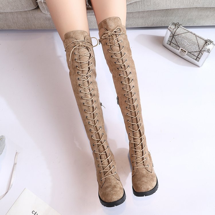 Damen Überknee-Stiefel mit modischem Schnür-Design und robustem Profil R&B