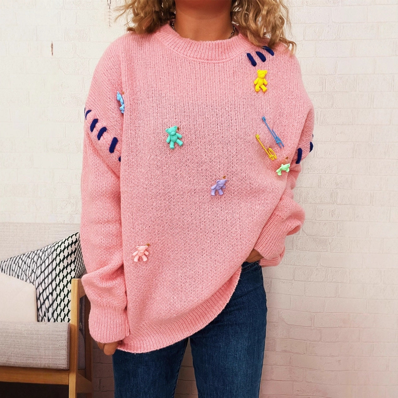 Damen Pullover mit verspieltem Bären-Motiv und dekorativen Applikationen R&B