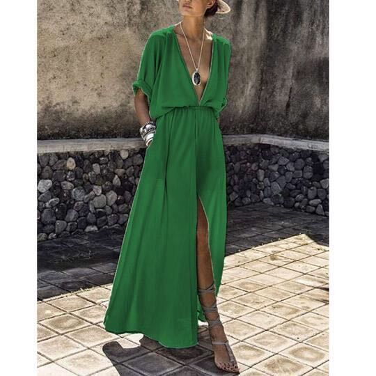 Damen Elegantes Maxikleid mit tiefem V-Ausschnitt und hohem Schlitz R&B
