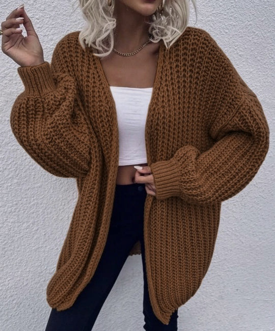 Damen lässiger Grobstrick-Cardigan mit tiefen Taschen und voluminösen Ärmeln R&B