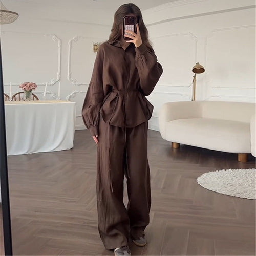 Damen lässiges Leinen-Loungewear-Set mit taillierter Bluse und weiten Hosen R&B