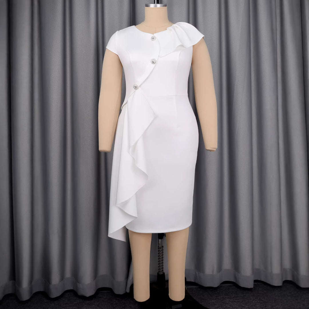 Damen elegantes Wickelkleid mit Rüschenkante und funkelnden Knopfdetails R&B