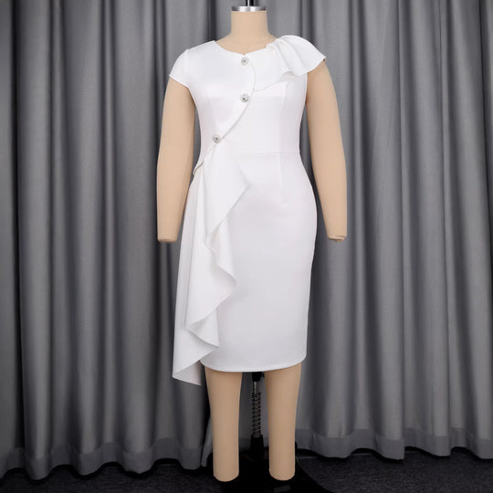 Damen elegantes Wickelkleid mit Rüschenkante und funkelnden Knopfdetails R&B