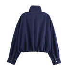 Damen modische Denimjacke mit hohem Kragen und seitlichen Taschen R&B