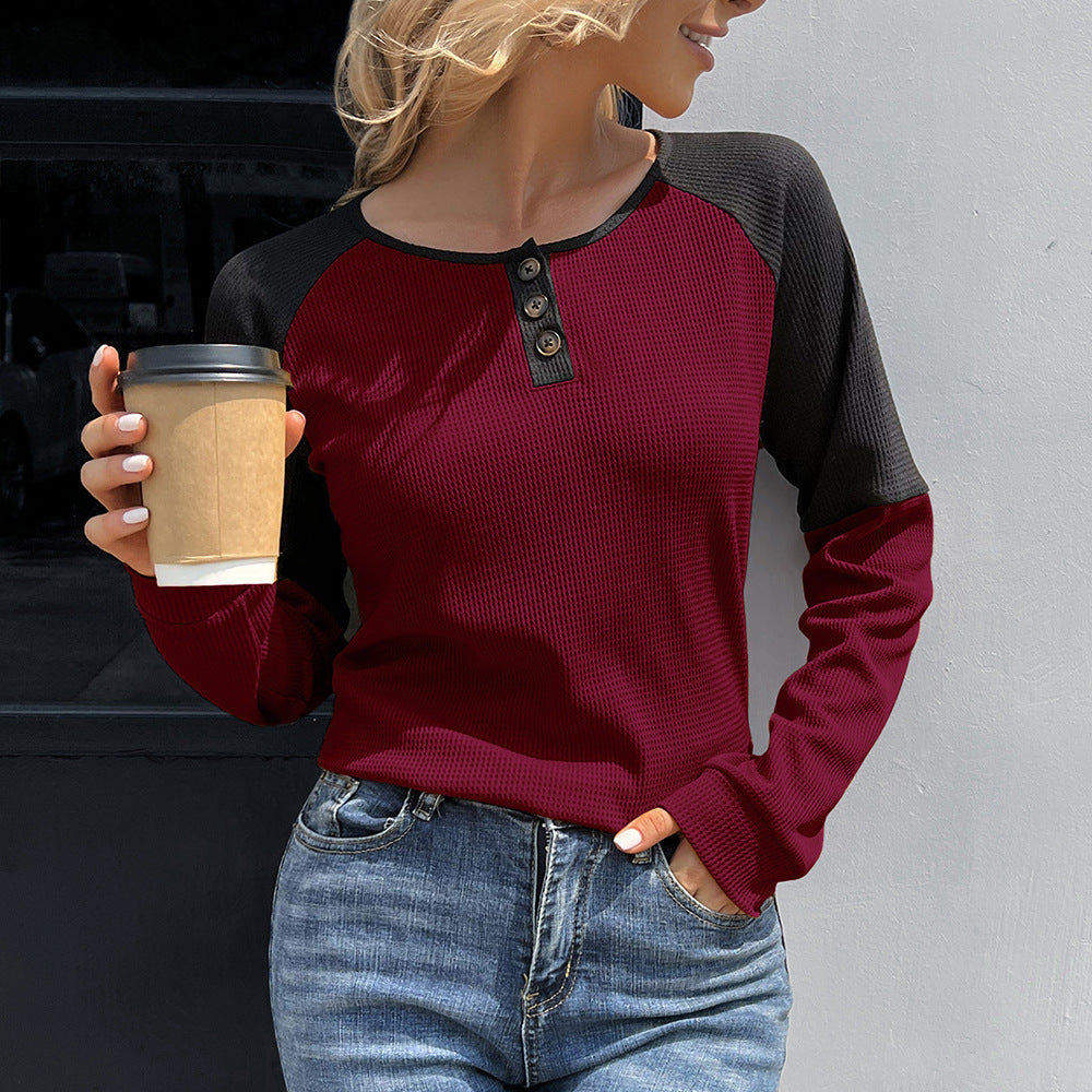 Damen lässiges Henley-Shirt aus Waffelstoff mit kontrastierenden Ärmel-Design R&B