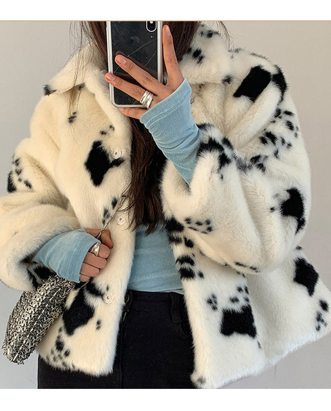 Damen gemütliche Plüschjacke im Kuhmuster R&B