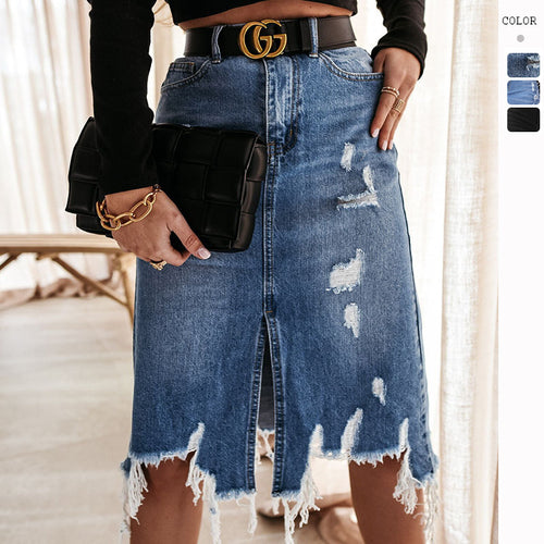 Damen Midirock im modernen Vintage-Design mit lässigem Used-Look und Fransenabschluss R&B