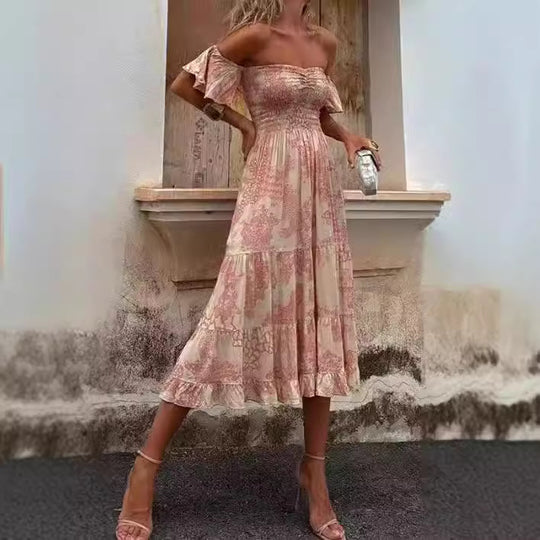 Damen Off-Shoulder Maxikleid mit Rüschendetails und elastischem Taillenband R&B