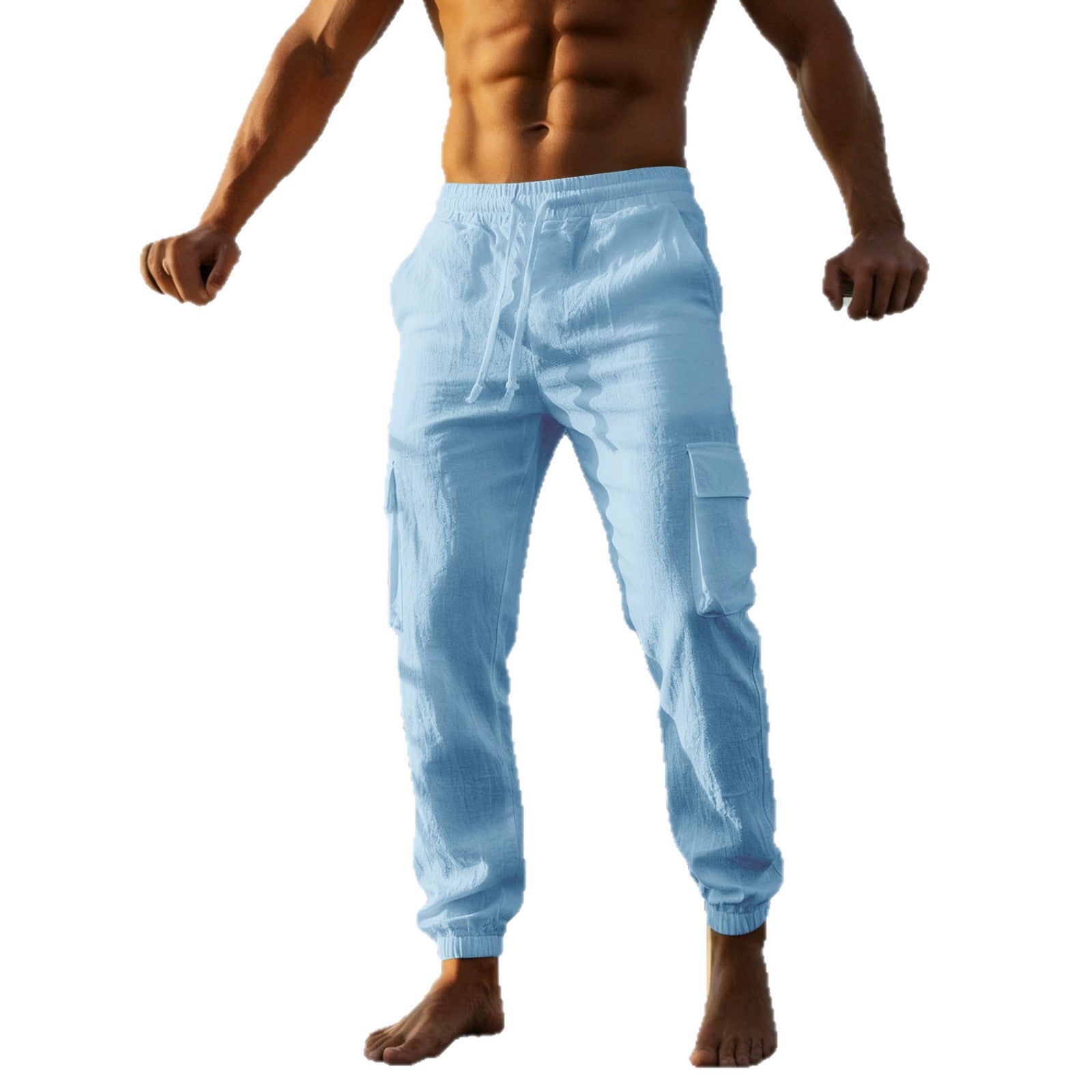 Herren nan sommerliche Leinen-Cargo-Jogginghose mit elastischem Tunnelzugbund und aufgesetzten Klappentaschen R&B