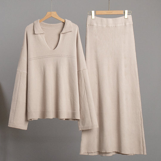 Damen Modisches Strick-Ensemble mit weitem Schnitt und tiefem V-Ausschnitt R&B