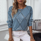 Damen modischer Pullover mit aufwendigem Strickdesign und Glitzerelementen