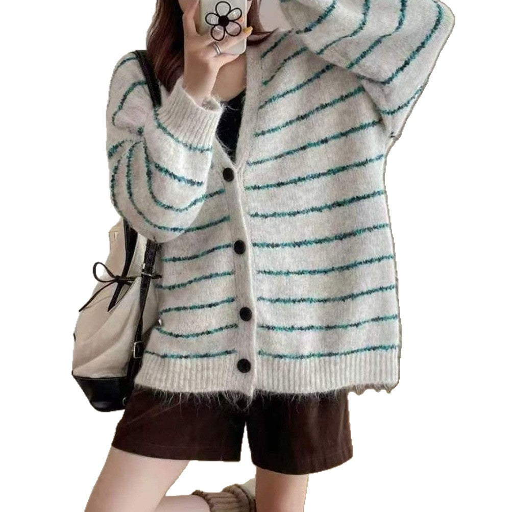 Damen Gemusterte Strickjacke mit sanften Puffärmeln und Knopfleiste R&B