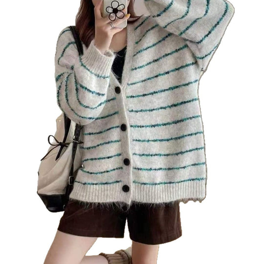 Damen Gemusterte Strickjacke mit sanften Puffärmeln und Knopfleiste R&B