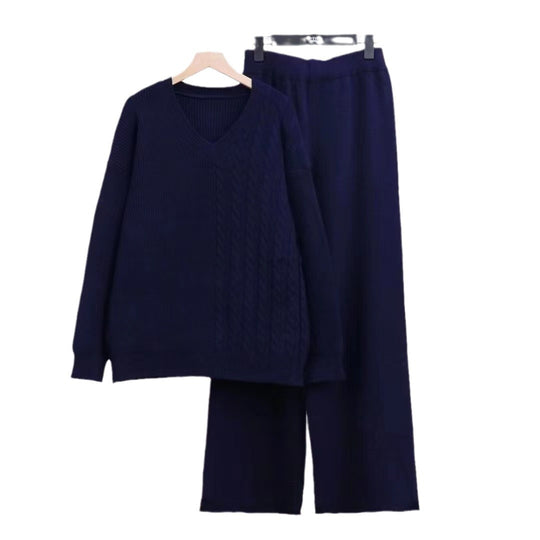 Damen Kuscheliges Strickensemble mit V-Ausschnitt und weitem Bein R&B