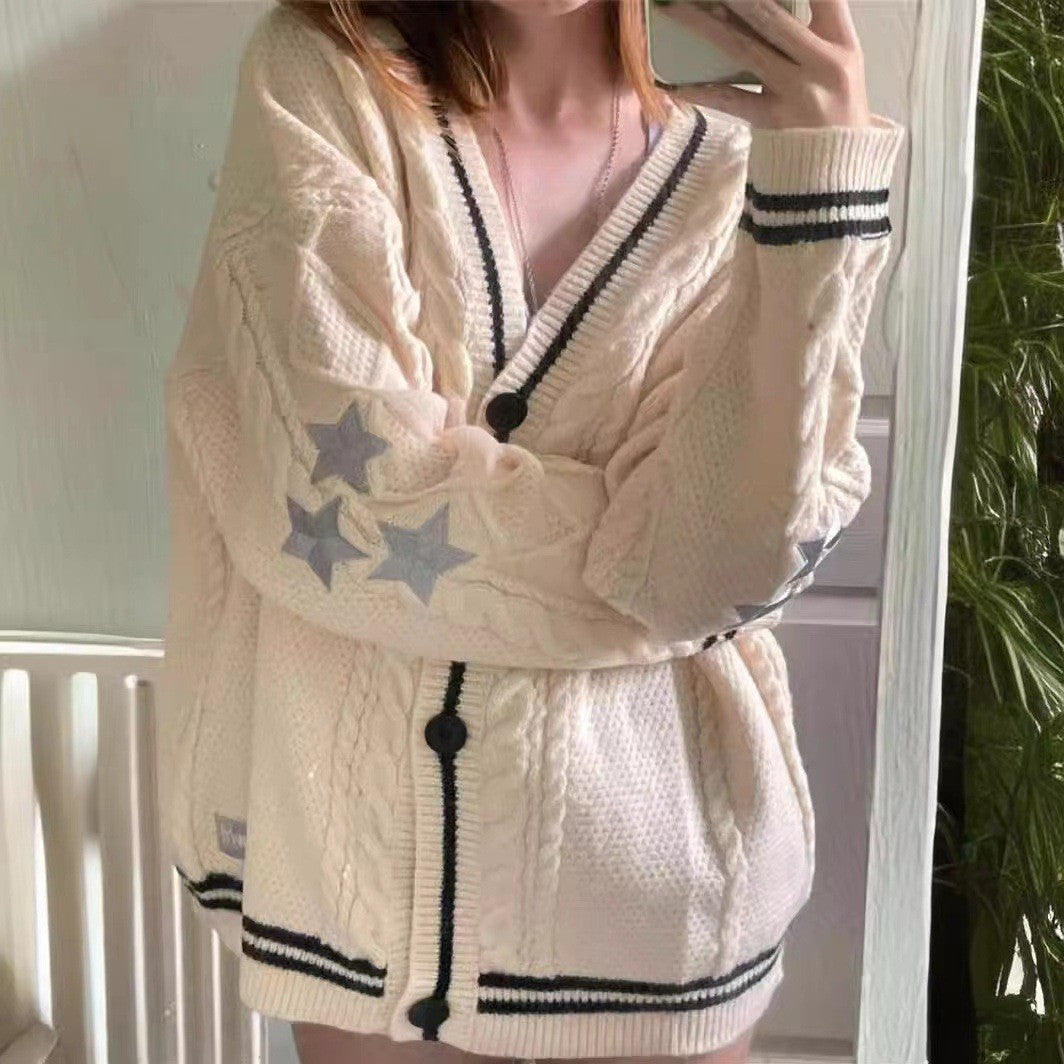 Damen oversized Strickjacke mit Sternenmuster und Kontrastbündchen