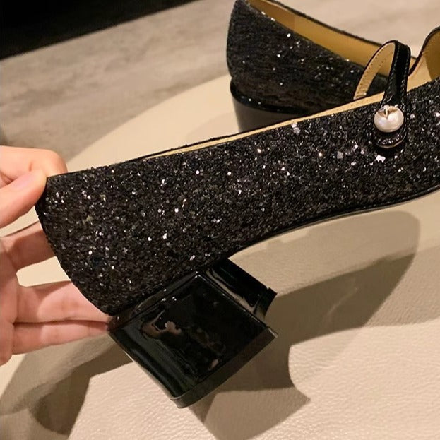 Damen Elegante Glitzer-Pumps mit doppeltem Riemchen und komfortablem Blockabsatz