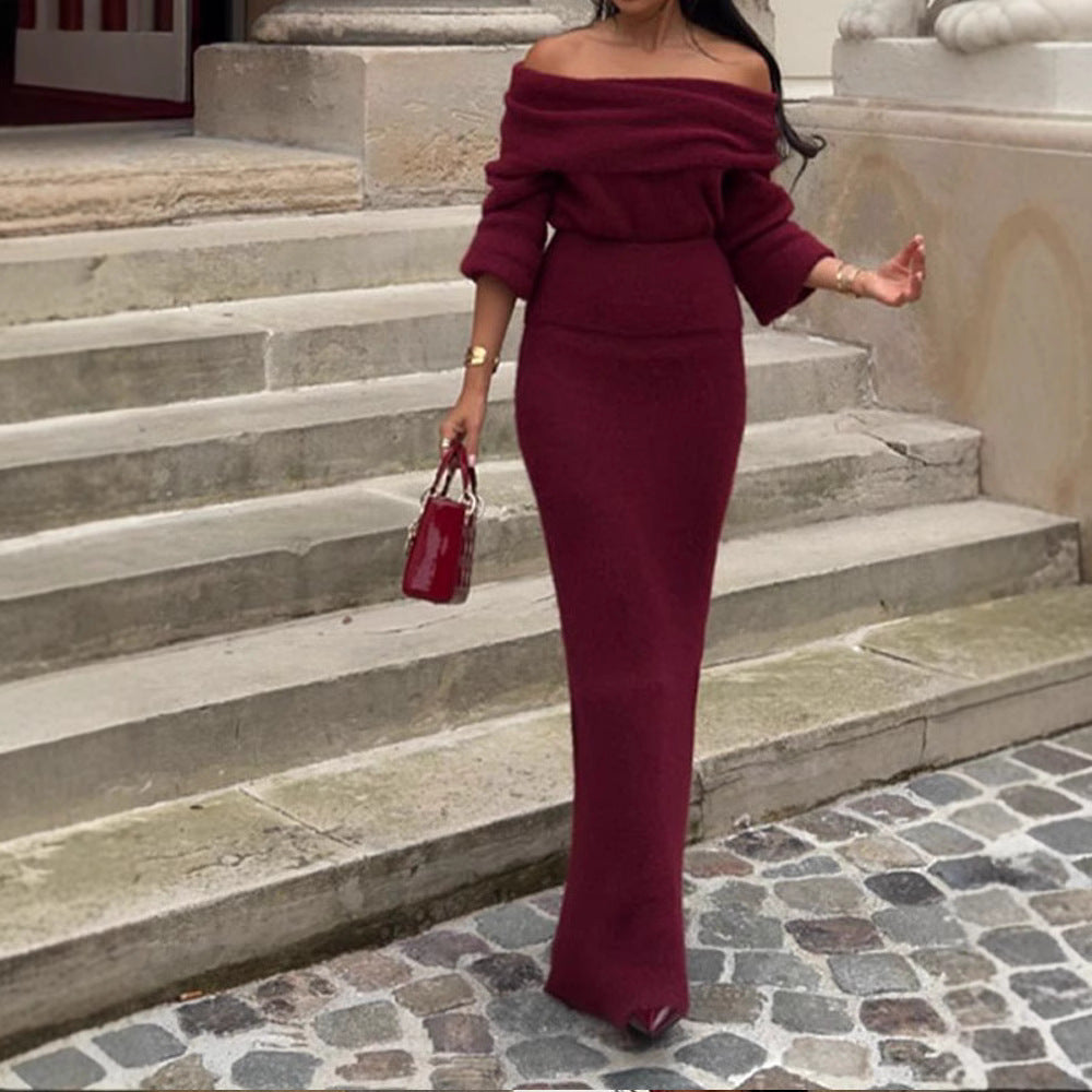 Damen Off-Shoulder Strickkleid mit weiten Ärmeln R&B