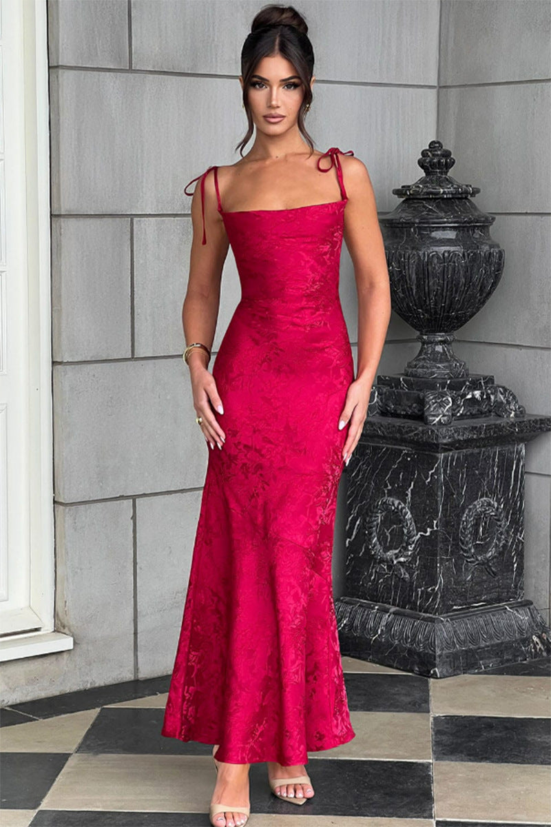Damen Elegantes Langarm Abendkleid mit floralem Jacquard-Muster und zartem Rückenausschnitt R&B