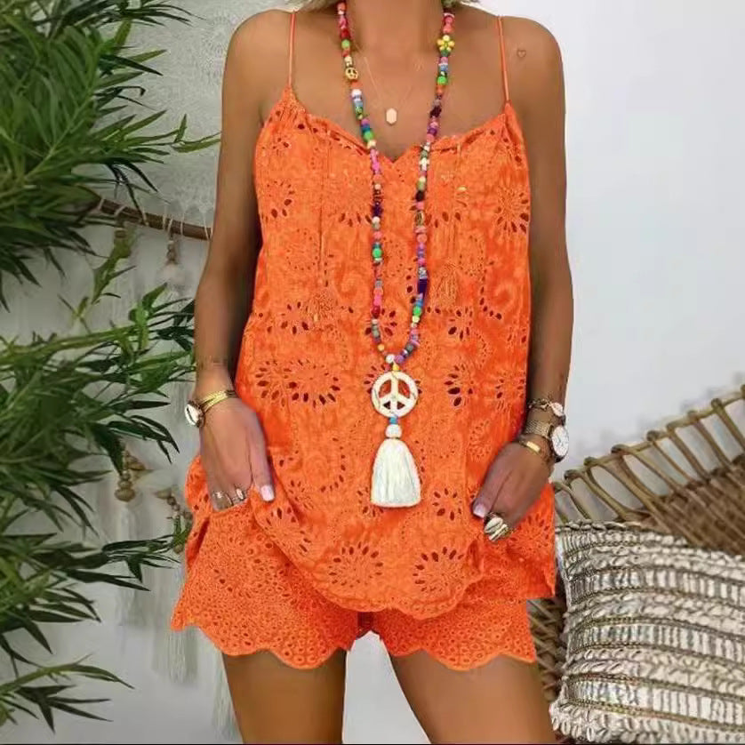 Damen luftiges Sommeroberteil mit Spitze und passenden Shorts R&B