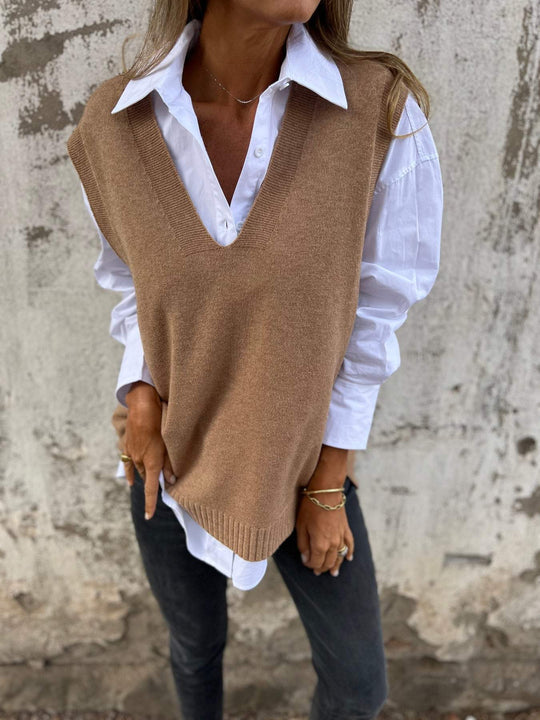 Damen lässiger Strickpullover mit V-Ausschnitt R&B