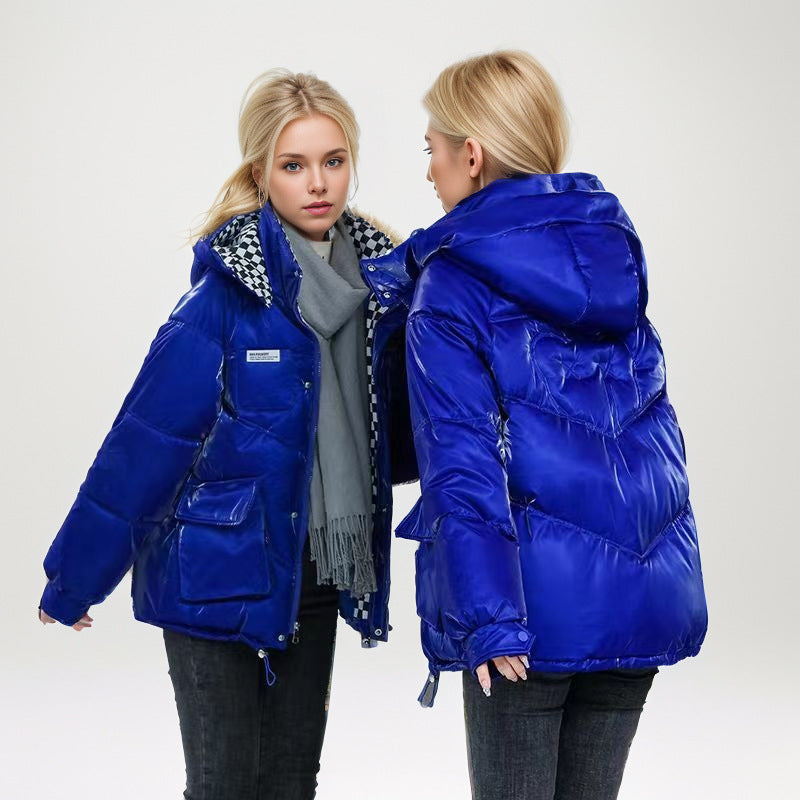 Damen modische glänzende Steppjacke mit hochschließendem Kragen und praktischen Taschen R&B