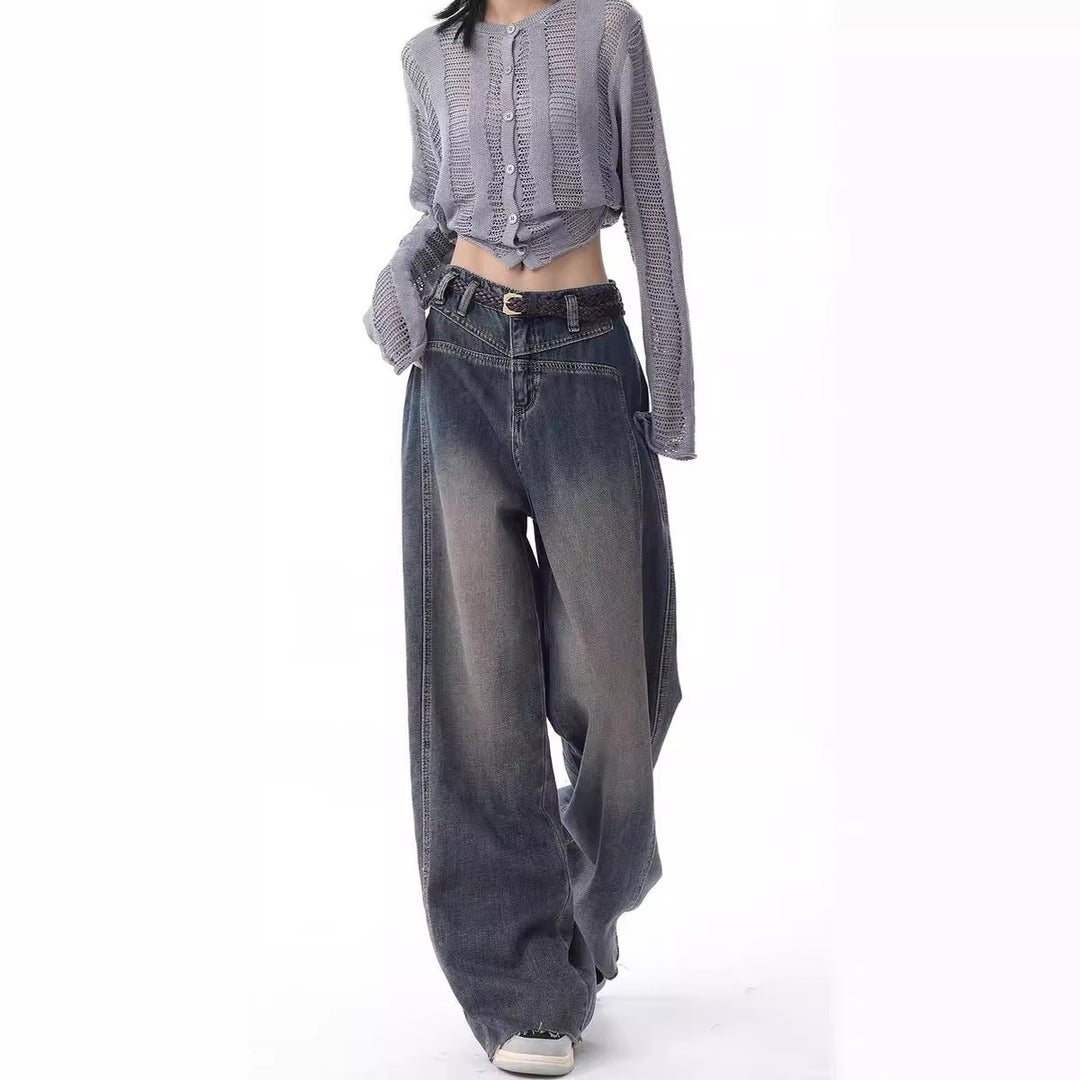 Damen Weite High-Waist Jeans mit lässigen Falten und modischem Design R&B