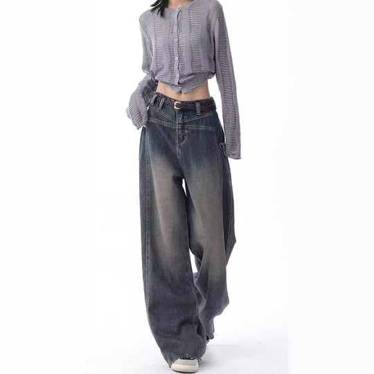 Damen Weite High-Waist Jeans mit lässigen Falten und modischem Design R&B