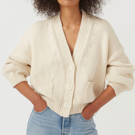 Damen lässiger Strickcardigan mit großen Taschen und Knopfverschluss R&B