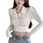 Damen Langarm Crop-Top mit klassischem Kragen und Druckknöpfen