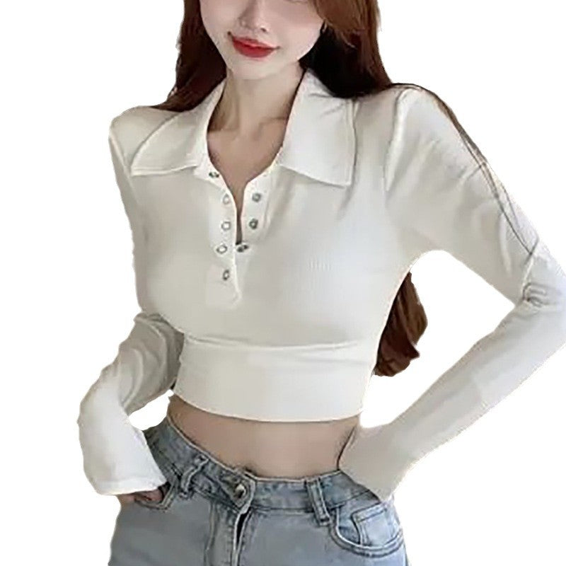 Damen Langarm Crop-Top mit klassischem Kragen und Druckknöpfen