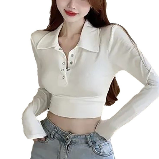 Damen Langarm Crop-Top mit klassischem Kragen und Druckknöpfen