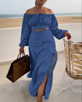 Damen Off-Shoulder Maxikleid mit eleganten Raffungseffekten und Seitenschlitz R&B