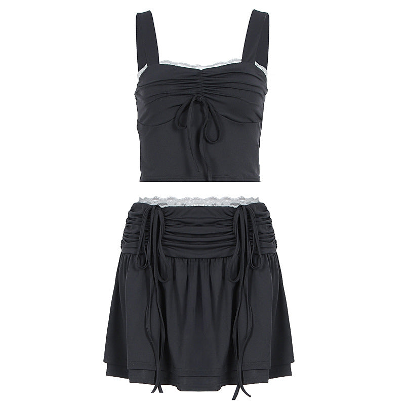 Damen modisches Crop-Top und Rock Set mit Raffungen und Bindedetails R&B