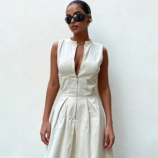 Damen elegantes Sommerkleid mit hochwertigem Reißverschluss und schwingendem Saum R&B
