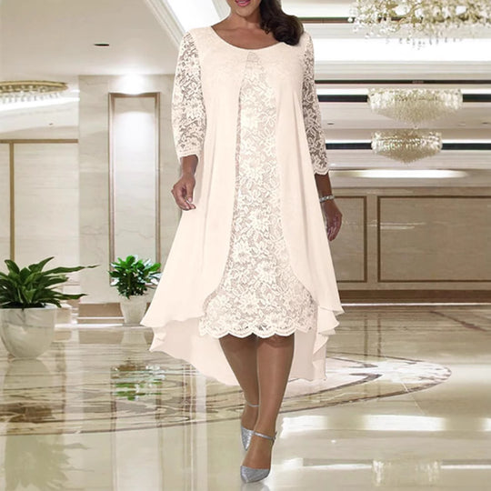 Damen nan elegantes Chiffon-Spitzenkleid mit Vokuhila-Überwurf und dreiviertelärmeln R&B
