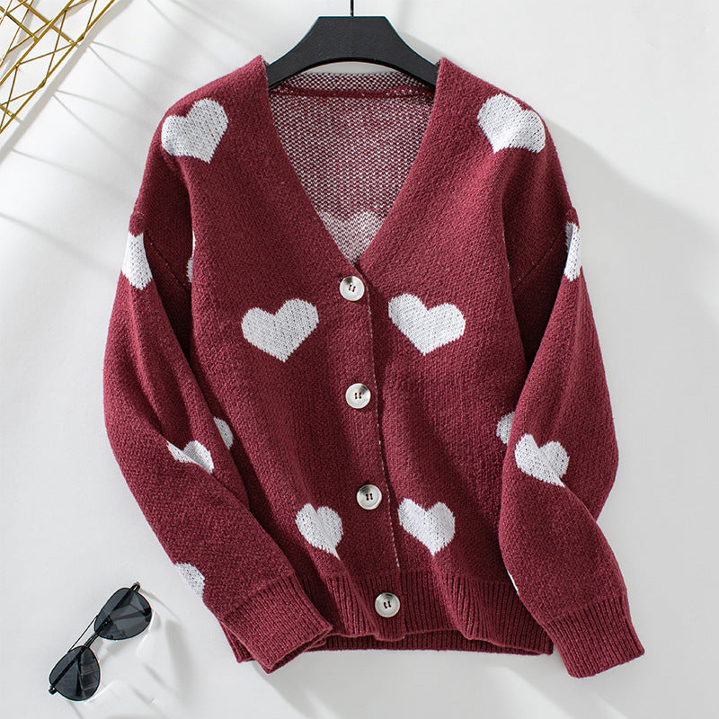 Damen modische Strickjacke mit Herzmotiven und Knöpfen R&B