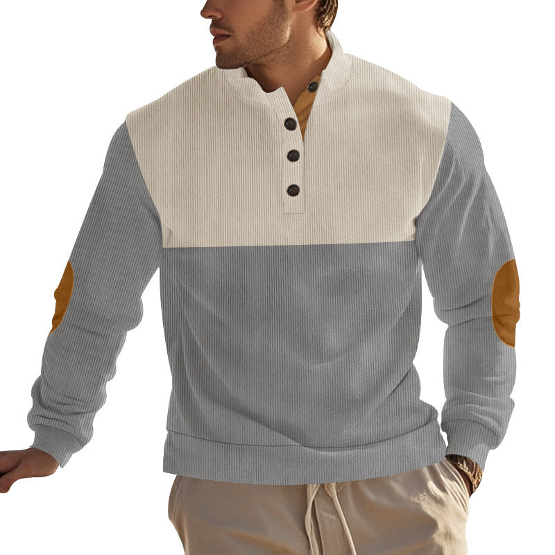 Herren nan Rippenstrickpullover mit Stehkragen Knopfleiste und Leder-Ellbogenpatches R&B