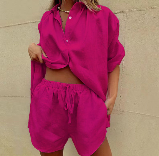 Damen lässiges Leinen-Set mit oversized Hemd und kurzen Hosen R&B
