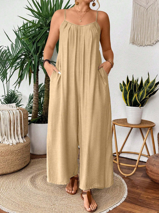 Damen luftiger Jumpsuit mit schmalen Spaghettiträgern und seitlichen Taschen R&B